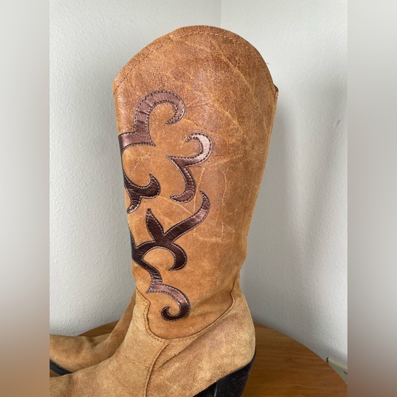 Vtg Nine West Brown Hippie Boho Western Cowboy Pull On Leather Boots Size 38 - Picture 12 of 14